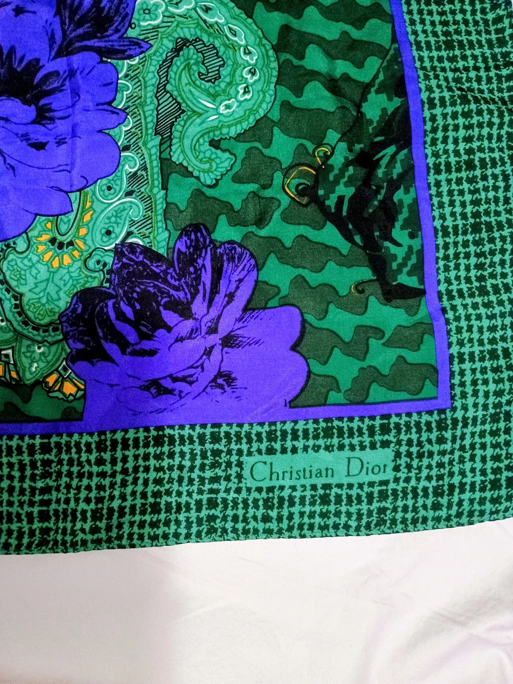 CHRISTIAN DIOR Green & Purple Floral Paisley Square Silk Scarf